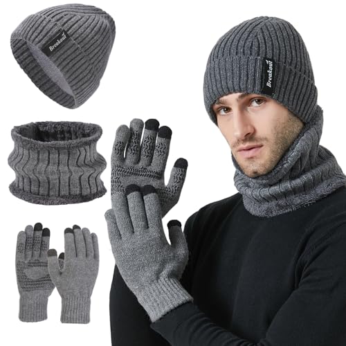 FUBABCO Winter-Set: Mütze, Schal und Touchscreen Handschuhe für Herren - Warm Beanie, Loop Schal, Thermo Handschuhe mit Fleecefutter für Ski - 3-in-1 Strickmütze und Winterschal von FUBABCO