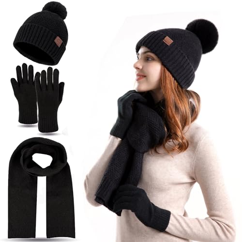 FUBABCO Wintermütze Schal Handschuhe Set Damen, Winter Warm Beanie Mütze Touchscreen Handschuhe und Lang Schal Set mit Fleecefutter Thermo Strickmütze Winterschal Winterhandschuhe (Schwarz) von FUBABCO