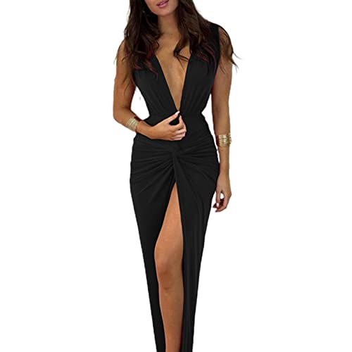 FUBESK Frauen Prom Kleider Lang mit Split A Linie Wasserfallausschnitt Abend Party Kleid Deep V Meerjungfrau Kleider Party Hochzeit Ballkleid, Schwarz , S von FUBESK