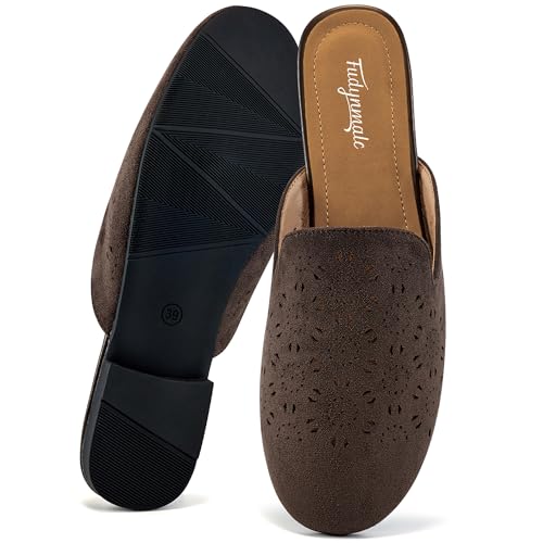 FUDYNMALC Damen-Pantoletten, flache Schuhe: lässig, geschlossene Zehenpartie, Wildleder, rückenfrei, bequem, elegant, Slip-On-Slides, Kaffee, 41.5 EU von FUDYNMALC