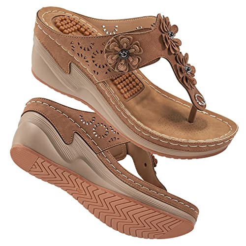 FUDYNMALC Damen-Sandalen, Keilschuhe: Sommer, elegant, Plateau-Flip-Flops, bequem, lässig, Kleid, Hochzeit, Keilabsatz, Braun, 43 EU von FUDYNMALC