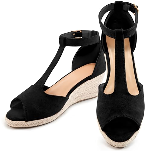 FUDYNMALC Damensandalen mit Keilabsatz: elegante Espadrilles-Plateauschuhe, lässig, bequem, offener Zehenbereich, Wanderschuhe, Schwarz, 40 EU von FUDYNMALC