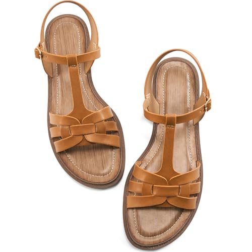 FUDYNMALC Flache Damen-Sandalen, elegant: Sommer-Gladiator-Kleid, Sandalen, bequeme Schlupfschuhe, Wandern, Strand, Slingback, Braun, 38 EU von FUDYNMALC