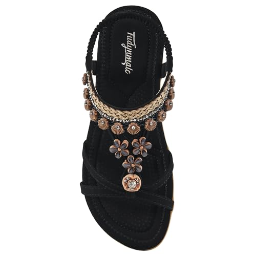 FUDYNMALC Flache Damensandalen: lässiger Sommer, elegante flache Gladiatoren, bequeme Wanderschuhe, Schwarz, 38.5 EU von FUDYNMALC