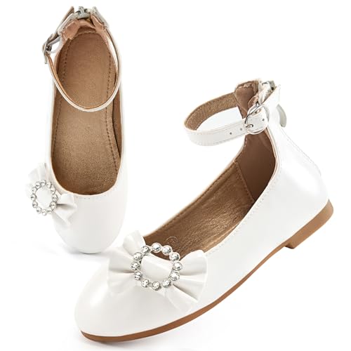 FUDYNMALC Mädchen Kleid Schuhe Ballett: Strass Schleife Prinzessin Flats für Kleinkinder kleine große Kinder Mary Jane Schuhe Hochzeit Party, Weißes Pu, 5 Big Kid von FUDYNMALC