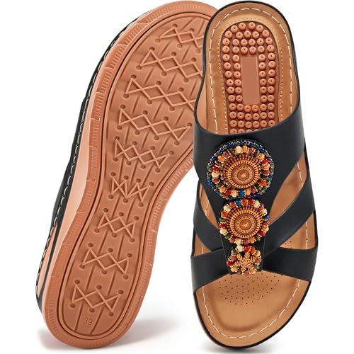FUDYNMALC Orthopädische Damen-Sandalen: Sommer-elegante Keilschuhe, handgefertigt, Perlen, lässiges Gehen mit bequemer Unterstützung bei Plantarfasziitis, Schwarz, 39 EU von FUDYNMALC