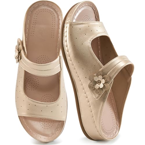 FUDYNMALC Orthopädische Damen-Sandalen: bequeme Sommer-Strand-Plateauschuhe, elegante Wanderschuhe mit Keilabsatz, Gold, 35.5 EU von FUDYNMALC