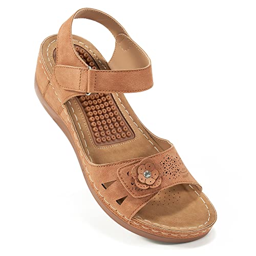 FUDYNMALC Orthopädische Sandalen für Damen: bequeme, elegante Damen-Sandalen mit Keilabsatz, Sommer, Walking, Keilabsatz, lässige Plateau-Sandalen mit verstellbarer Hakenschlaufe, Braun, 41.5 EU von FUDYNMALC