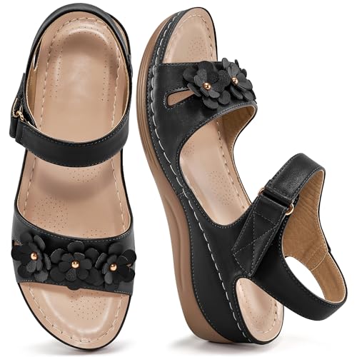 FUDYNMALC Sandalen für Damen, eleganter Keilabsatz, bequeme Sommerschuhe 2025, Wanderschuhe, Plateauschuhe für Strandurlaub, Schwarz, 41.5 EU von FUDYNMALC