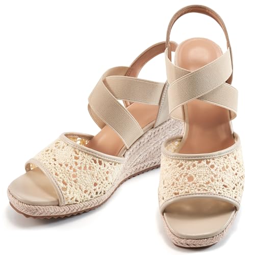 FUDYNMALC Sandalen für Damen mit Keilabsätzen: Sommer-elegante Plateau-Espadrilles-Keile – bequeme quadratische offene Zehenpartie Hochzeitsschuhe 2025, aprikose, 41 EU von FUDYNMALC