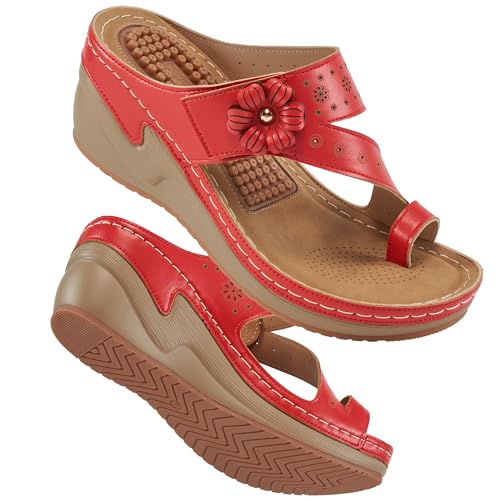 FUDYNMALC Sandalen mit Keilabsatz für Damen: bequeme orthopädische Damen-Sandalen, elegante Sommer-Flip-Flops, modische Walking-Keile mit verstellbarem Keilabsatz, Rot/Ausflug, einfarbig (Getaway von FUDYNMALC