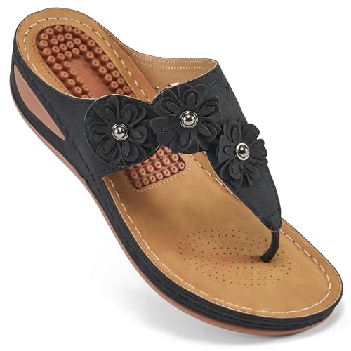 Frauen Sandalen Keilabsatz Zehentrenner Sommer Bogen Unterstützung Bequeme Plattform Böhmen Flache Schuhe Haken Schleife Einstellbare Casual Tanga Sandale, Schwarz , 41 EU von FUDYNMALC