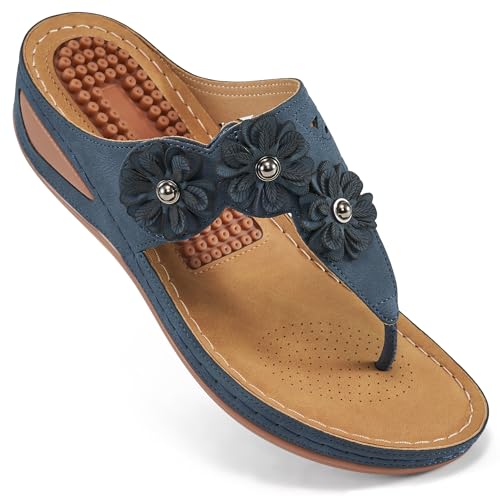 Frauen Sandalen Keilabsatz Zehentrenner Sommer Bogen Unterstützung Bequeme Plattform Böhmen Flache Schuhe Haken Schleife Einstellbare Casual Tanga Sandale, dunkelblau, 41 EU von FUDYNMALC