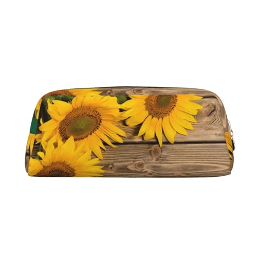 FUFIZU Federmäppchen mit drei Sonnenblumen auf Holzdruck, PVC, Unisex, Kosmetiktasche, kleine Schmuckaufbewahrungstasche, gold, Einheitsgröße, Kindergepäck von FUFIZU