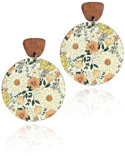 FUGLUS 1 Paar Boho-Ohrhänger, Vintage-Ohrringe aus Böhmischem Holz Ethnischer Runder Kreis-Reif Leichte Schicke Statement-Ohrhänger für Frauen Schmuckgeschenke, Ölgemälde Blumen（01） von FUGLUS