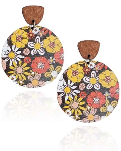 FUGLUS 1 Paar Boho-Ohrhänger, Vintage-Ohrringe aus Böhmischem Holz Ethnischer Runder Kreis-Reif Leichte Schicke Statement-Ohrhänger für Frauen Schmuckgeschenke, Ölgemälde Blumen（03） von FUGLUS