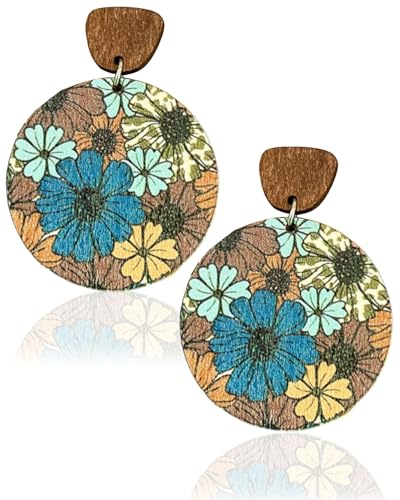 FUGLUS 1 Paar Boho-Ohrhänger, Vintage-Ohrringe aus Böhmischem Holz Ethnischer Runder Kreis-Reif Leichte Schicke Statement-Ohrhänger für Frauen Schmuckgeschenke, Ölgemälde Blumen（04） von FUGLUS