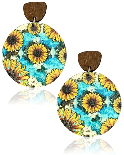 FUGLUS 1 Paar Boho-Ohrhänger, Vintage-Ohrringe aus Böhmischem Holz Ethnischer Runder Kreis-Reif Leichte Schicke Statement-Ohrhänger für Frauen Schmuckgeschenke, Ölgemälde Blumen(Sonnenblume) von FUGLUS