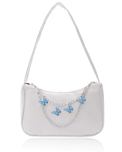 FUGLUS 1 Stück Handtasche, kleine Handtasche, Umhängetasche mit Schmetterlingskette, Achseltasche mit Reißverschluss, Geldbörse, einfarbige Damentasch von FUGLUS