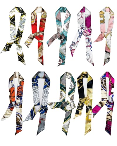 FUGLUS 10 PCS Seidenschal Seidentuch, 90 × 4 cm, Farbigen Schals für Damen, Hochwertiges Seidenimitat in Verschiedenen Designs, kombinierbar als modisches Accessoire für jeden Anlass von FUGLUS