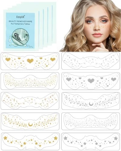 FUGLUS 10 Stück Gold Glitzer Sommersprossen Tattoo Aufkleber, Wasserdicht Für Halloween Karneval Partys, Langhaltend & Kommt mit 10 Stück Einweg-Make-up-Entferner-Tüchern von FUGLUS