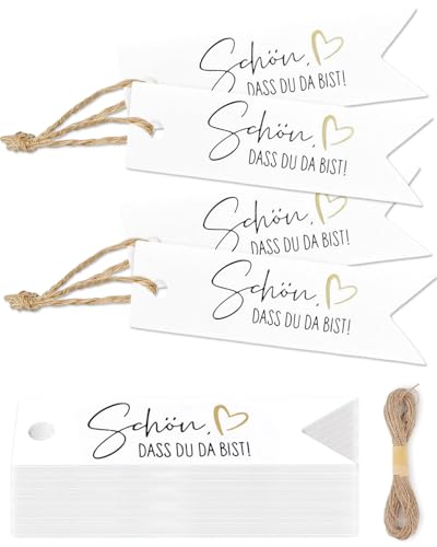 FUGLUS 100 Stück Schön dass Du Da Bist Anhänger Hochzeit Geschenkanhänger Geburtstag Weihnachten JGA Taufe Gastgeschenke Etiketten Tags Label mit Schnur Herz von FUGLUS