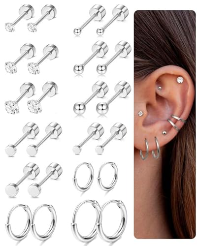 FUGLUS 12 Paar Ohrringe Set 316L Chirurgenstahl Medizinische Ohrringe für Damen Ohrstecker und Klein Creolen Ohrringe Set Hypoallergene 14K Tragus Helix Piercings Ohr Damen Herren Silber von FUGLUS