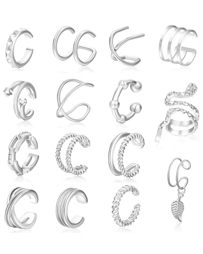 FUGLUS 15 Pcs Silber Ear Cuff Set für Damen,Ear Cuff Set Damen Einstellbar Ohrclips Damen Ohne Ohrlöcher Knorpel Ohrmanschette Ohne Ohrloch Fake Piercing Ohrringe Earcuffs Set Ohrschmuck Ohrklemme von FUGLUS