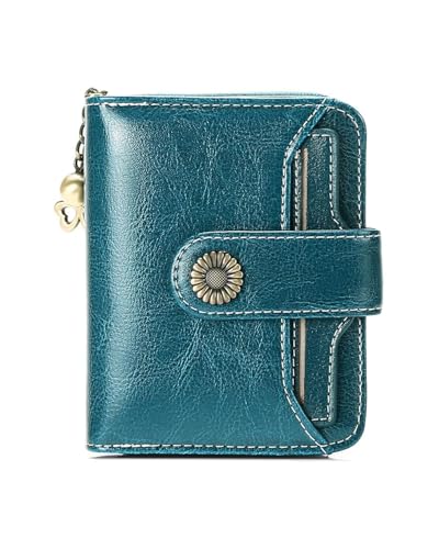 FUGLUS 1PCS Damen Geldbeutel,Veganes Leder Zweifach Gefaltet Klein Portemonnaie Damen,Reisekartenhalter Geldbörse Mit ReißVerschluss MüNzfach Ausweisfenster，Damen-Geldbörsen(blau) von FUGLUS