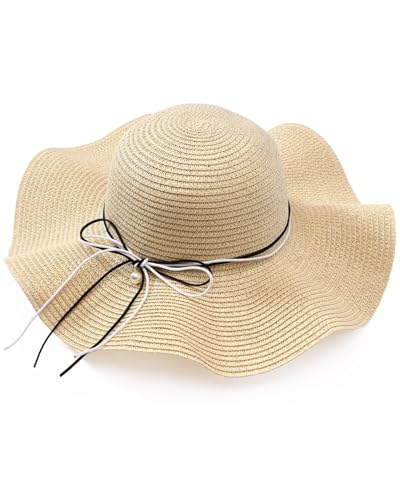 FUGLUS 1pcs Damen Boho Strohhut Faltbarer Sonnenhut Strandhut Sommerhut mit Breite Krempe Schleife für Reise Urlaub und Strand von FUGLUS