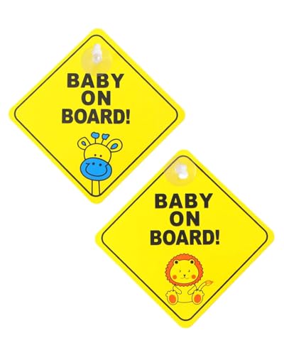 FUGLUS 2 Stück Baby an Bord Auto Warnschilder - 12 x 12 cm Sicherheits Autoschild Mit Doppelten Saugnäpfen - Wiederverwendbarer Aufkleber für Autofenster(Giraffe + Löwe) von FUGLUS