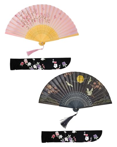 FUGLUS 2 Stück Faltbare Handfächer,Hochzeit Faltfächer,Taschenfächer,Set Handfächer aus Holz im Chinesischen und Japanischen Stil mit Quasten und Beutel,für Hochzeit,Maskerade,Sommer Party(Set-02) von FUGLUS