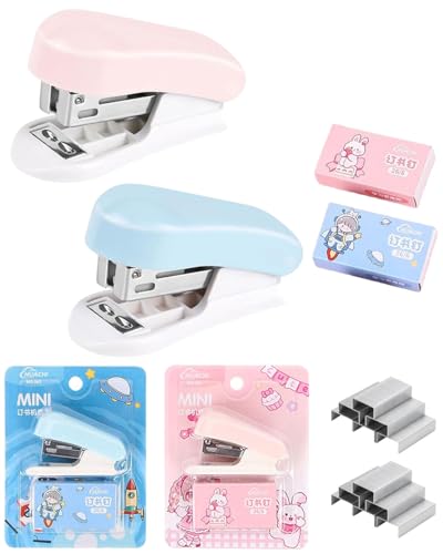 FUGLUS 2 Stück Mini Tacker Set, Heftgerät Set, Stapler Klein, Hefter Klein Tragbar Heftgerät mit 2000 Heftklammern, Manueller Tischhefter mit Heftklammern für Schulen Arbeitsplätze Familien von FUGLUS