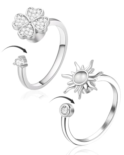 FUGLUS 2 Stück spinner ring,Silber Anxiety Ringe,spinner ring,anxiety ring,Fidget Ring Achtsamkeitsring Angst Ring Mondstein Spinner Ringe Verstellbare Offene Anti Stress Ring für Unisex von FUGLUS