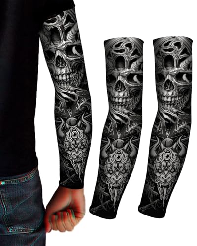 FUGLUS 2 Tattoo-Armstulpen Fake-Nylon-Elastic UV-Schutz Strumpf voller Arm Temporäre Tattoo-Ärmel für den Maskenball und Karneval für Erwachsene zum Hineinschlüpfen Biker Gothic Rosen Stammes Kostüm von FUGLUS