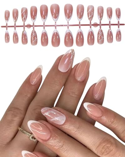 FUGLUS 24 Stück Nägel Zum Aufkleben French - Full Cover Mittel Press on Nails Mandel - Atmungsaktiv Künstliche Fingernägel für Frauen Mädchen (White & Gold Glitter) von FUGLUS