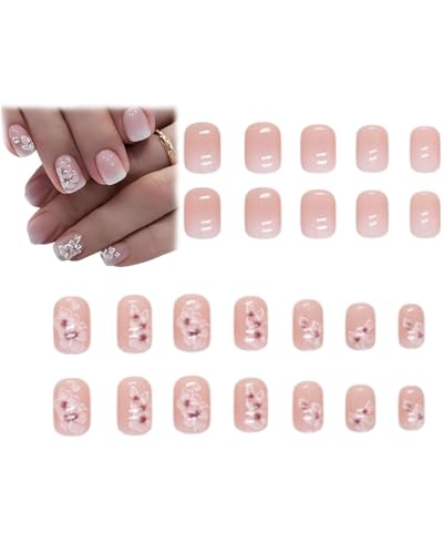 FUGLUS 24 Stück Weiß Eckig Nägel Zum Aufkleben Kurz mit Blumen Muster,Gradient Pink Press on Nails,Kunstnägel Fake Nails für Nails Art,Square French Künstliche Nägel Frauen von FUGLUS