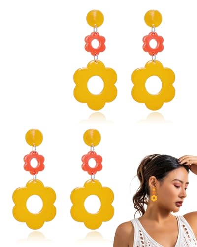 FUGLUS 2Paar Acryl Gänseblümchen Ohrringe Hängend, Niedliche Hohle Blumen Ohrringe für Mädchen Frauen 70er 80er Jahre Charms Dekor von FUGLUS