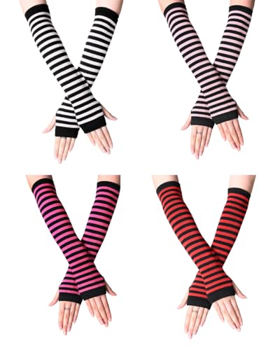 FUGLUS 4 Paare Damen Lange Fingerlose Handschuhe, Gestreift Stricken Armwärmer für Frauen, Lange Armstulpen Handschuhes, Y2k Streifen Fingerlose Armstulpen Handschuhe für Herbst Winter von FUGLUS