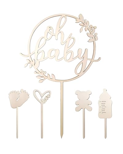 FUGLUS 5 Pcs Cake Topper Holz, Kuchen Topper Babyparty Tortendeko, Kuchenstecker für Baby Shower Eine Windeltorte Gender Reveal Partydeko von FUGLUS