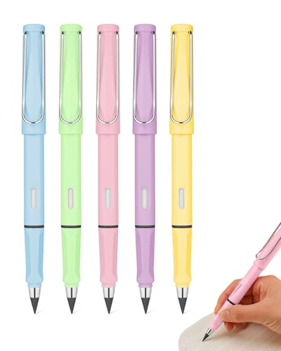 FUGLUS 5 Stück Ewiger Bleistift Metall, Tintenlose Bleistifte Ewig, Unendlicher Bleistift mit Radiergummi, Magischer Bleistifte mit Wechselkopf Magic Pencil Infinity für Erwachsene Studenten von FUGLUS