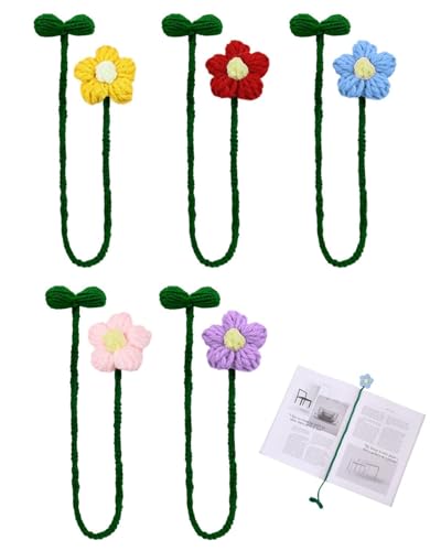 FUGLUS 5 Stück Sonnenblumen-Lesezeichen für Frauen, 5 Stile gehäkelte Blumen-Lesezeichen personalisierbar handgefertigt Strickvorhang-Krawatte Auto-Anhänger Geschenk für Buchliebhaber Lehrer von FUGLUS