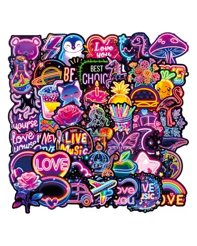 FUGLUS 50 Stück Cool Neon Sticker Set, Wasserfeste Vinyl Aufkleber, Sticker für Laptop Scrapbook Handy Journal Tasse Skateboard Skateboard Wasserflasche Journal IPad Tassen usw von FUGLUS