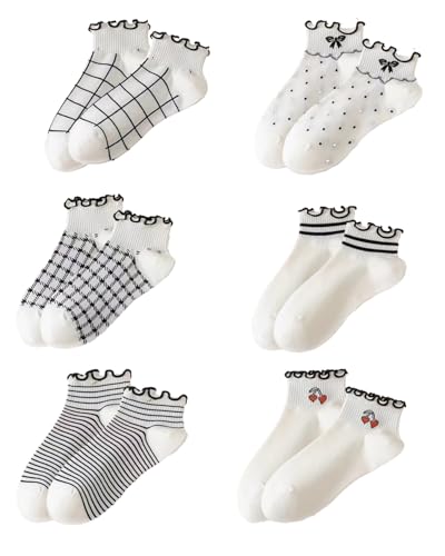 FUGLUS 6 Paar Damen Rüschensocken,Karierte Punkt Muster Kurze Socken,Lustige Kirschfrucht Schleife Muster Knöchelsocken,Retro Gestreifte Freizeitsocken,Atmungsaktive Baumwollsocken Sportsocken von FUGLUS