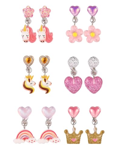 FUGLUS 6 Paar Ohrclips Mädchen Hypoallergene Clip Ohrringe Mädchen Niedlich Bunte Zirkon klipp ohrringe Kinder Mädchen Herz Ohrringe Ohne Ohrloch Ohrclips Kinder Mädchen von FUGLUS