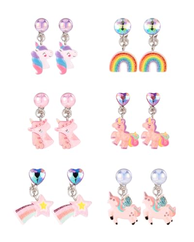 FUGLUS 6 Paar Ohrclips Mädchen Hypoallergene Clip Ohrringe Mädchen Niedlich Bunte Zirkon klipp ohrringe Kinder Mädchen Regenbogen Ohrringe Ohne Ohrloch Ohrclips Kinder Mädchen von FUGLUS