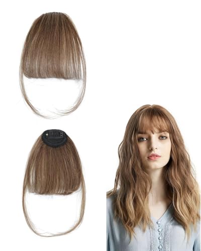 FUGLUS Clip in Pony Echthaar,Natürliche hellbraun Air Bangs mit Clip für Frauen,3g Echthaar Fringe mit Tempel Gesichtsform Ändern Hohen Haaransatz von FUGLUS