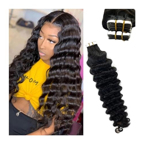 Haar-Tape-Extensions 20 Stück Echthaar-Tape-in-Extensions, 40,6–66 cm, tiefe Wellen, natürliches Schwarz, echtes Remy-Echthaar, Tape-in-Extensions for schwarze Frauen Unsichtbares Tape im Haar(20 INCH von FUHAI-666