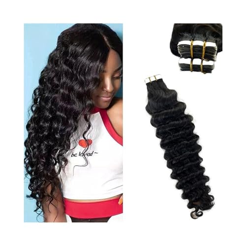 Haar-Tape-Extensions Deep Wave Tape in Extensions Human Hair for Black Women 20Pcs 50g Wavy Curly Natural Black Tape in Hair Extensions Invisible Double Sided Adhesive Tape Unsichtbares Tape im Haar(2 von FUHAI-666