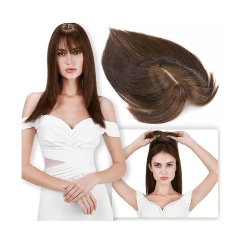 Haartopper für Frauen 6"-18" glattes Echthaar-Topper-Haarteil mit Pony, 7 * 12,5 cm Haar-Topper auf Seidenbasis for Frauen mit schütterem Haar oder Haarausfall, 3-fach einsteckbar Haarteil Topper Toup von FUHAI-666